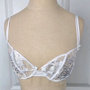 On Gossamer Underwire Bra White Lace Sheer Size 34C Lingerie Made In The‎ USA